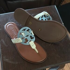 Tory Burch Brown and Cream Logo Sandals